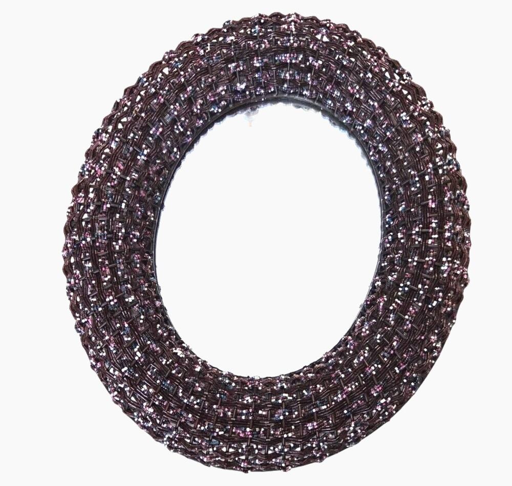 Vtg Metal Oval Beaded Wall Mirror Boho Deep Purple Brown Seed Beads